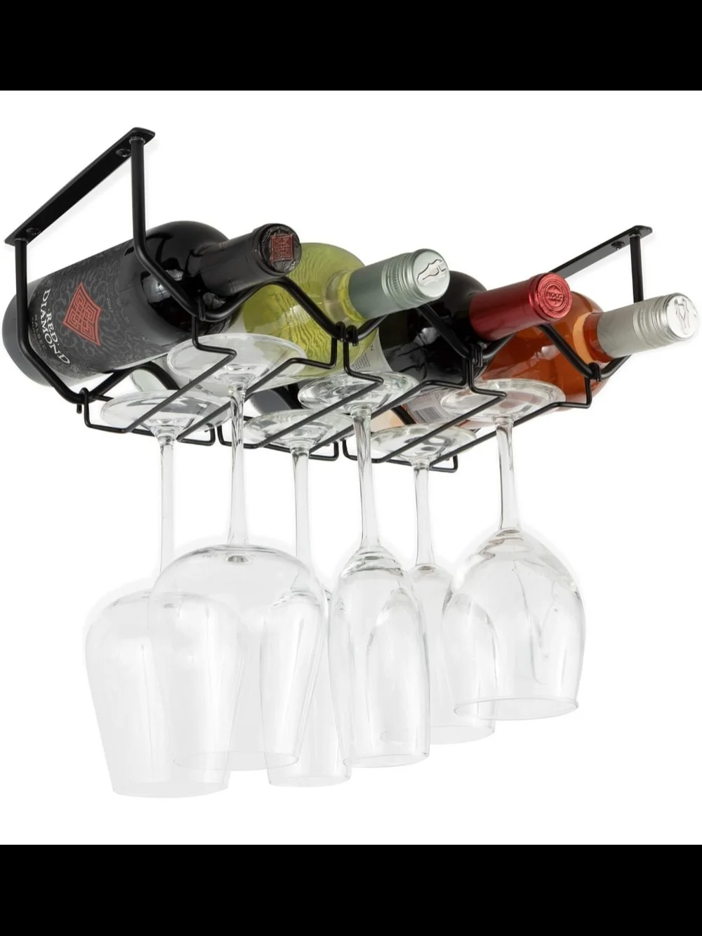 Set of 2 Under Cabinet Black Metal Wine Rack Holder 8 Bottle 12 Glass Stemware